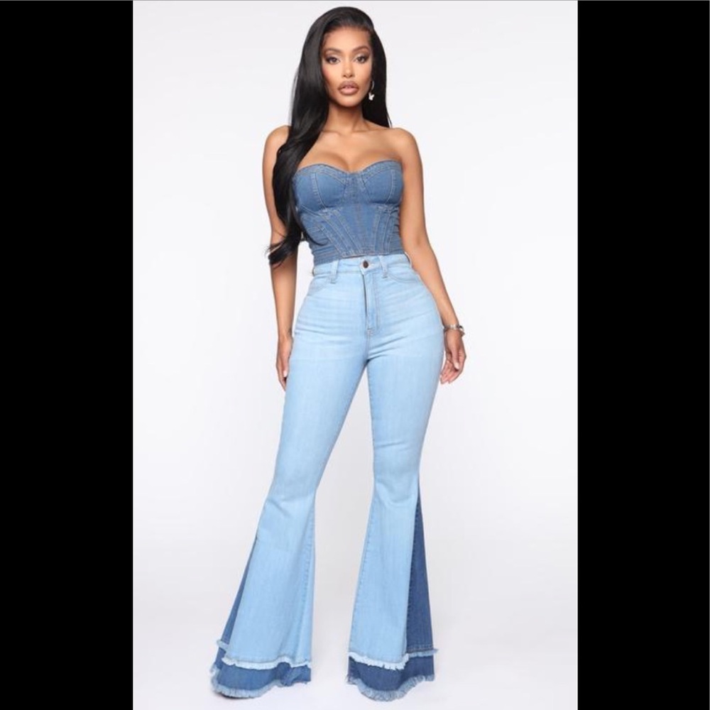 NWT Fashion Nova Boho High Waisted Extrem Bell Bottom Jeans With Frayed Hem